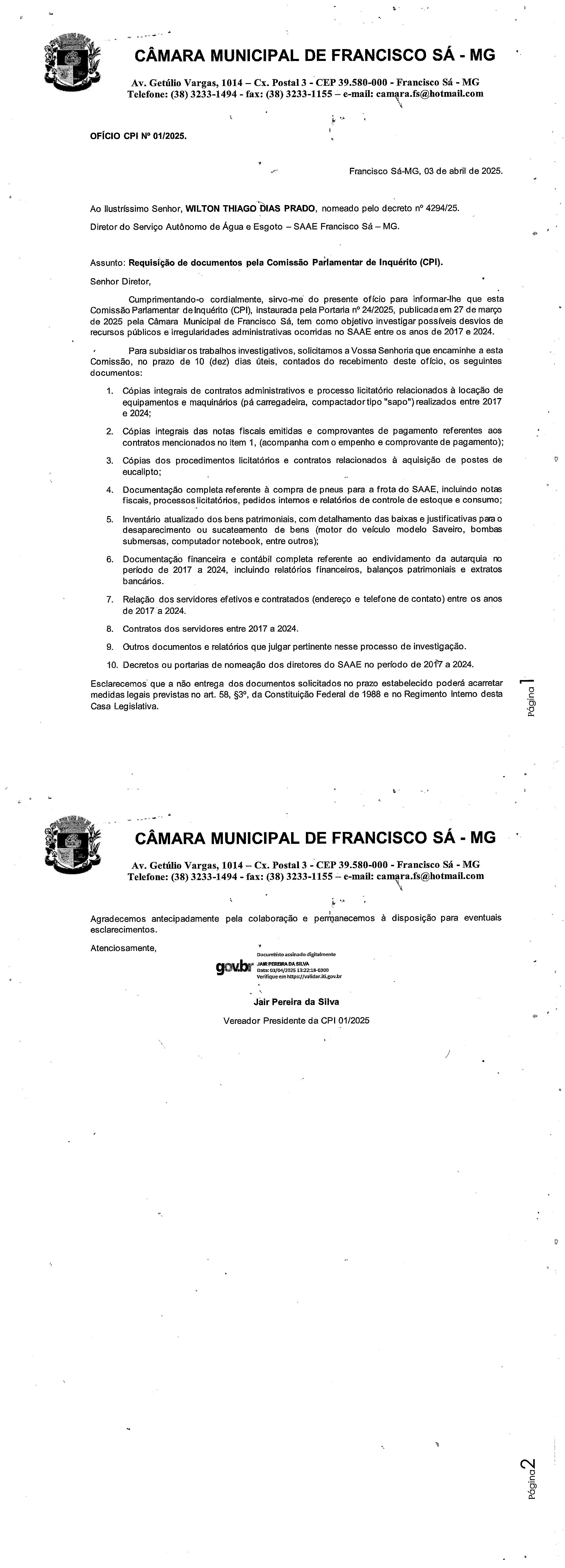 Ofício CPI nº 01/2025