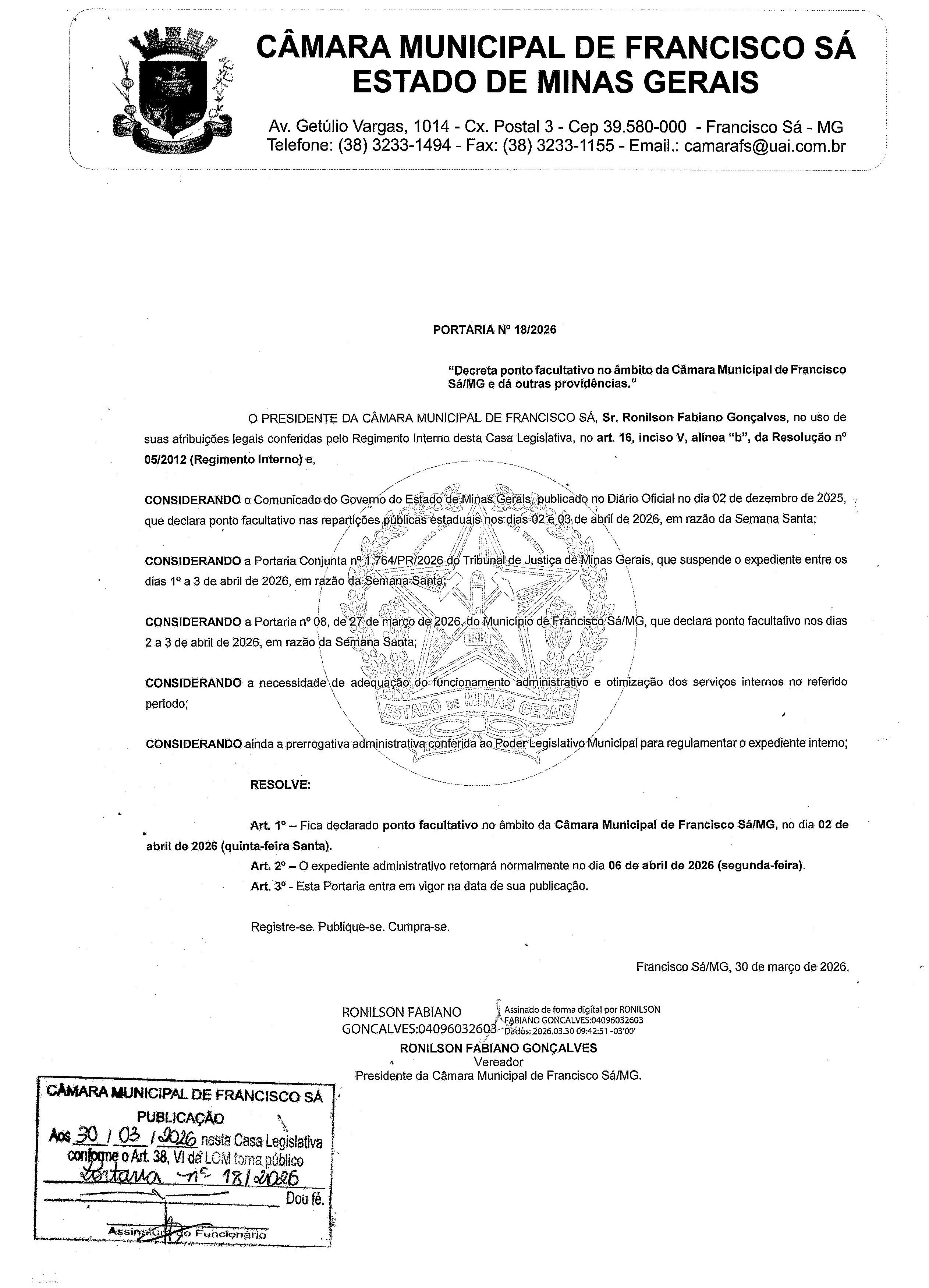 Portaria nº 018/2026