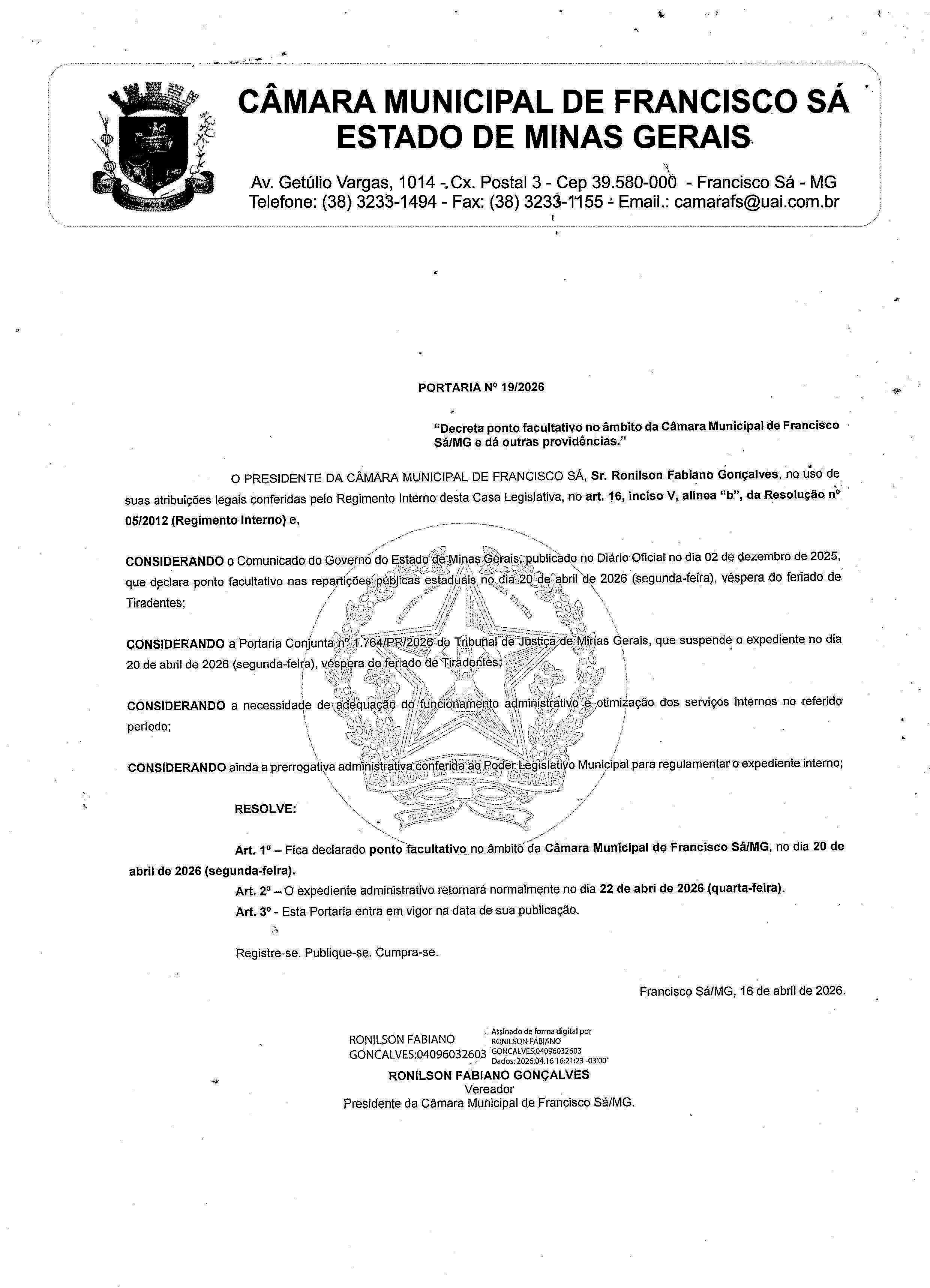 Portaria nº 019/2026