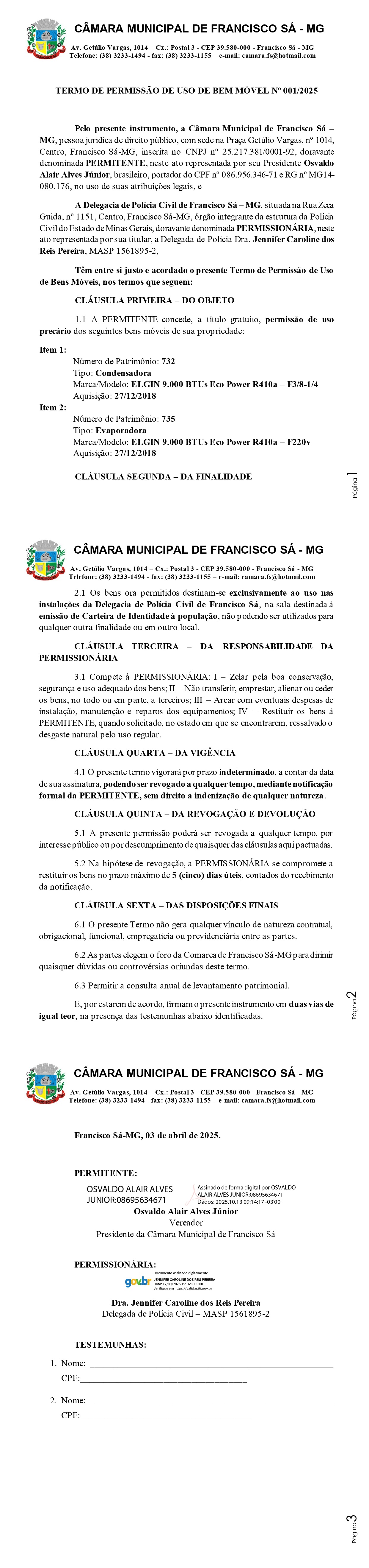 Termo de Permissão de Uso de Bem Movel nº 001/2025