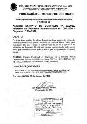 Extrato CTR N.º 007/2020 (PL 006/2020 Disp. 004/2020 - Publicações de Grande Circulação)