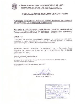 Extrato CTR N.º 010/2020 (PL 007/2020 Disp. 005/2020 - Assessoria Licitações)