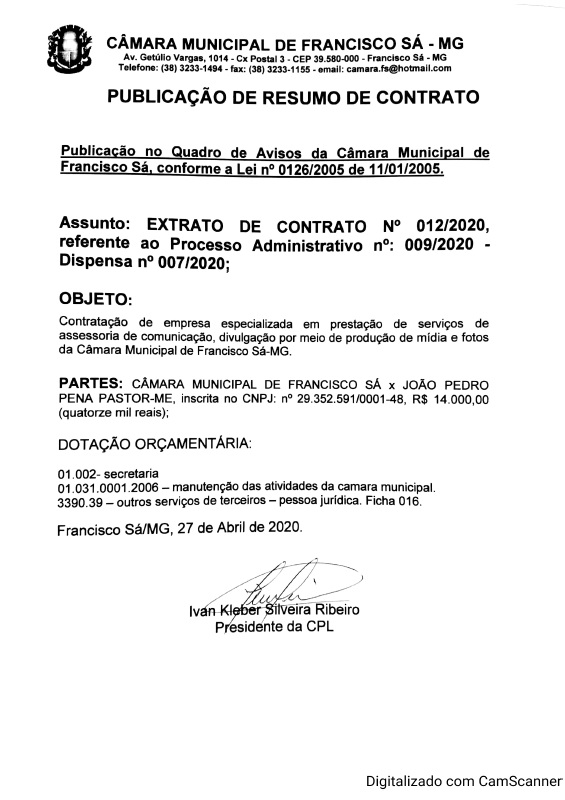 Extrato CTR N.º 012/2020 (PL 009/2020 Disp. 007/2020 - Assessoria Comunicação)