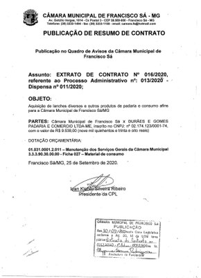 Extrato CTR N.º 016/2020 (PL 013/2020 Disp. 011/2020 - Aquisição de Lanches)