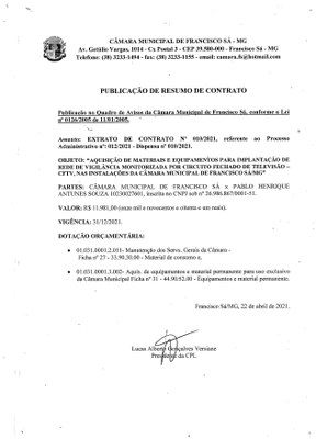Extrato CTR N.º 010/2021 (PL 012/2021 Disp. 010/2021 -  Monitoramento CFTV - Câmeras)