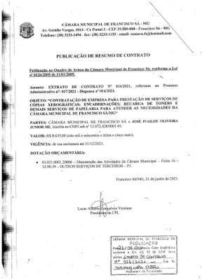 Extrato CTR N.º 016/2021 (PL 017/2021 Disp. 014/2021 - Serviço de Papelaria