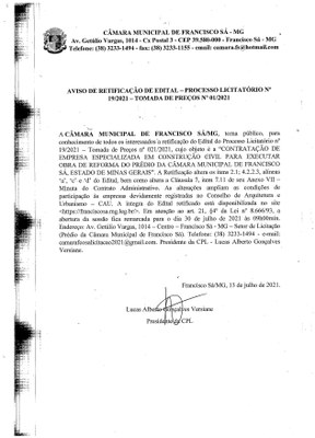 Aviso de Retificação do Edital PL N.º 19 - TP N.º 01/2021 (Obra)