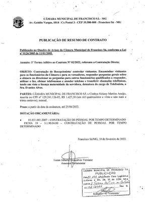 Extrato ADT N.º 001 CTR 002/2022 (Direta - Telefonista/Recepcionista)