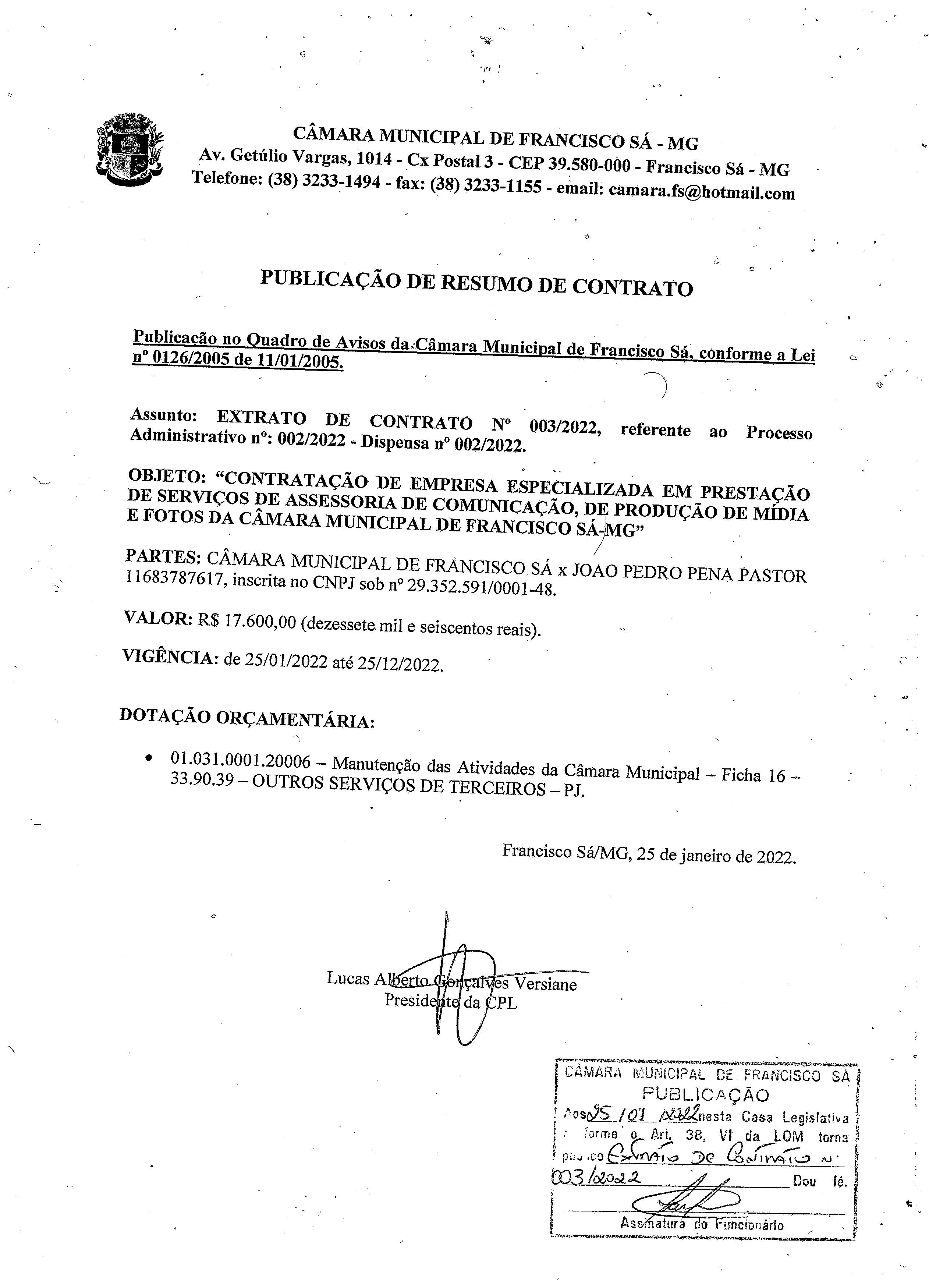 Extrato CTR N.º 003/2022 (PL 002/2022 Disp. 002/2022 - Assessoria em Comunicação)