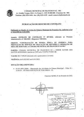 Extrato CTR N.º 007/2022 (PL 006/2022 Disp. 005/2022 - Operação da Mesa de Som)