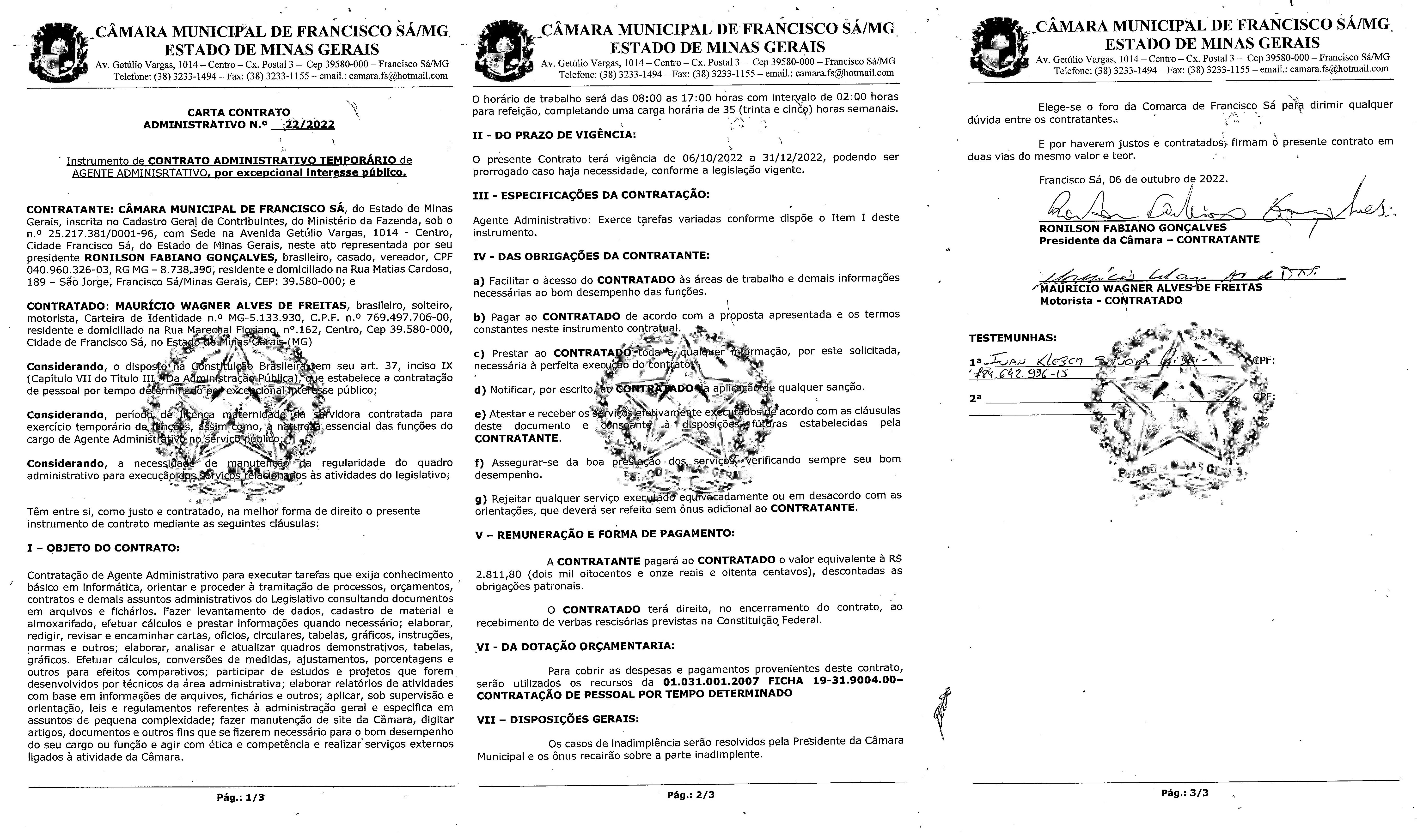 Extrato CTR N.º 022/2022 (Direta - Agente Administrativo)