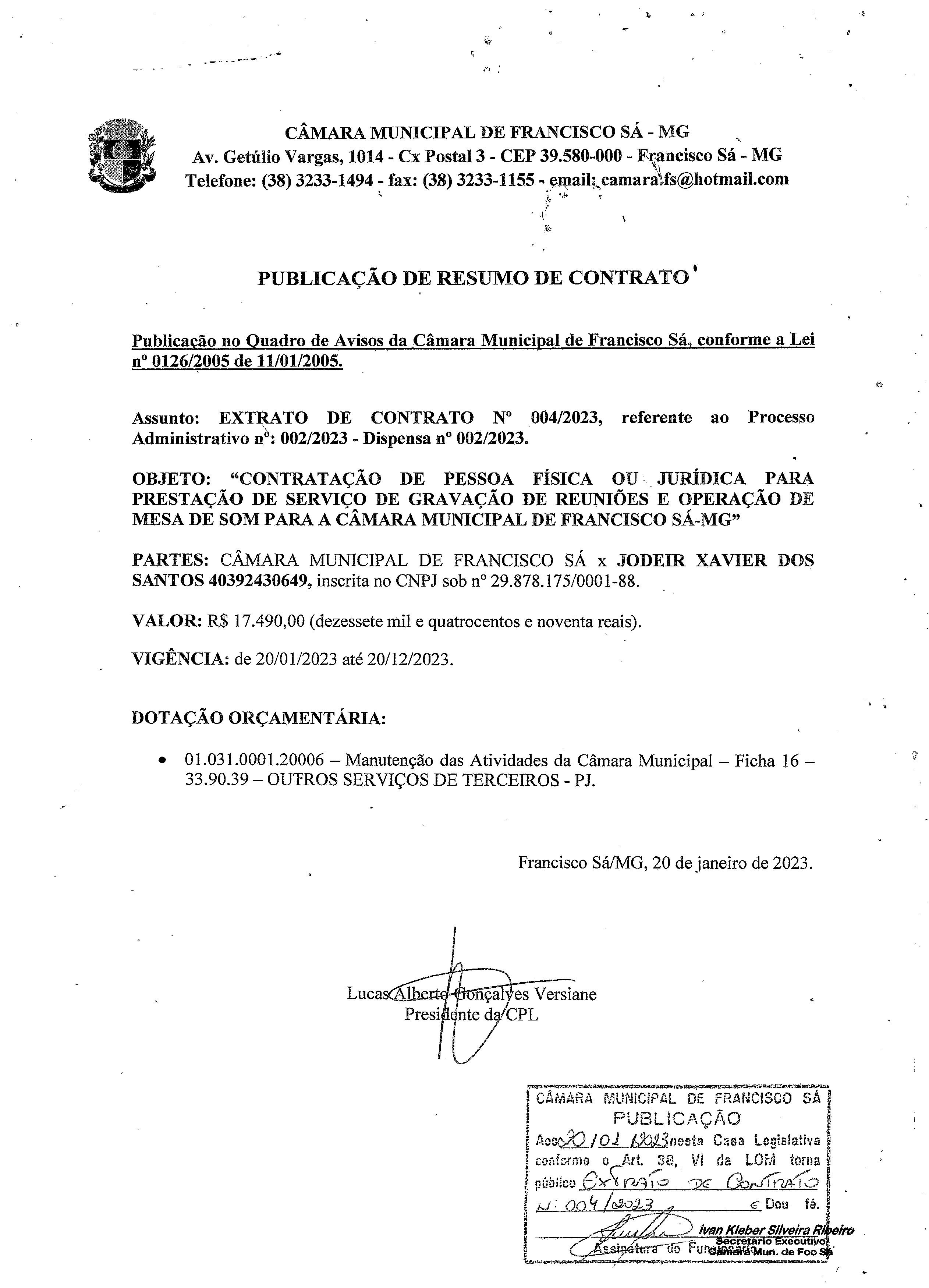 Extrato CTR N.º 004/2023 (PL 002/2023 Disp. 002/2023 - Operação da Mesa de Som)