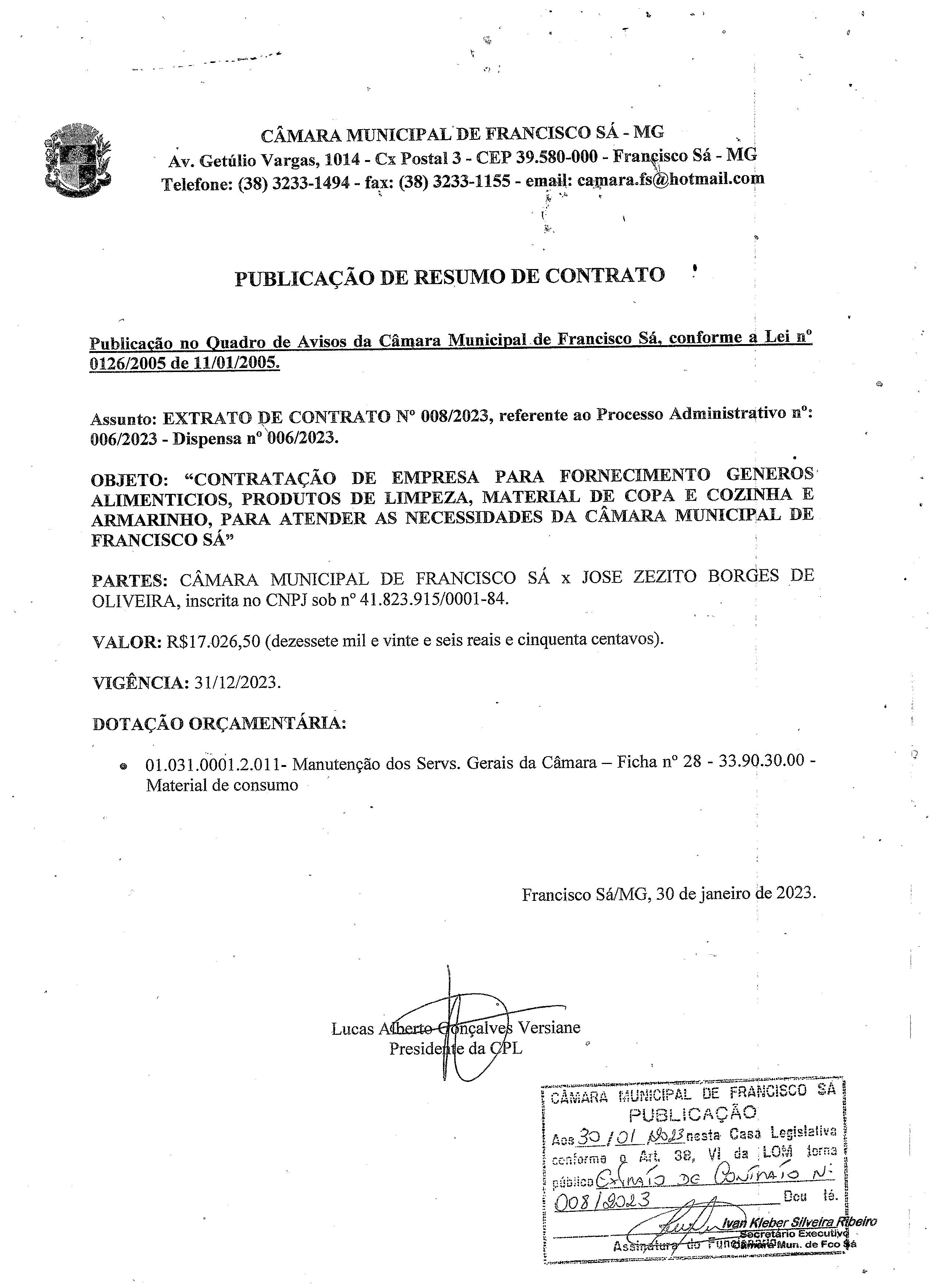 Extrato CTR N.º 008/2023 (PL 006/2023 Disp. 006/2023 - Produtos de Armazém)