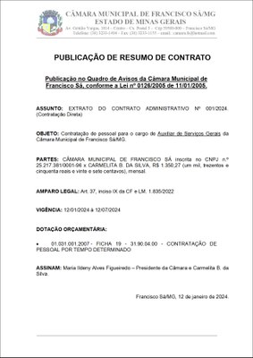 Extrato CTR ADM N.º 001/2024 (Contratação Direta – Auxiliar de Serviços Gerais)