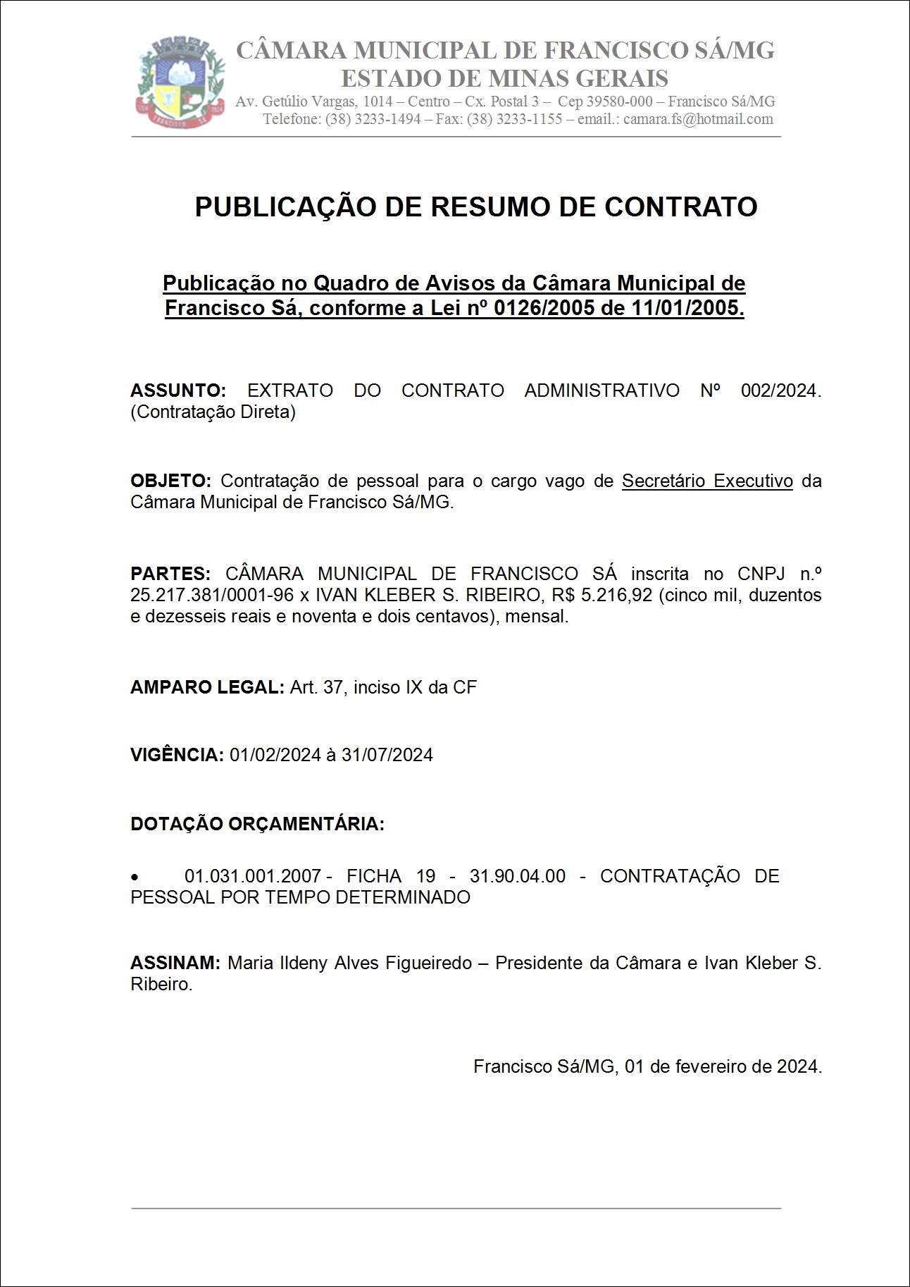 Extrato CTR ADM N.º 002/2024 (Contratação Direta - Secretário Executivo)