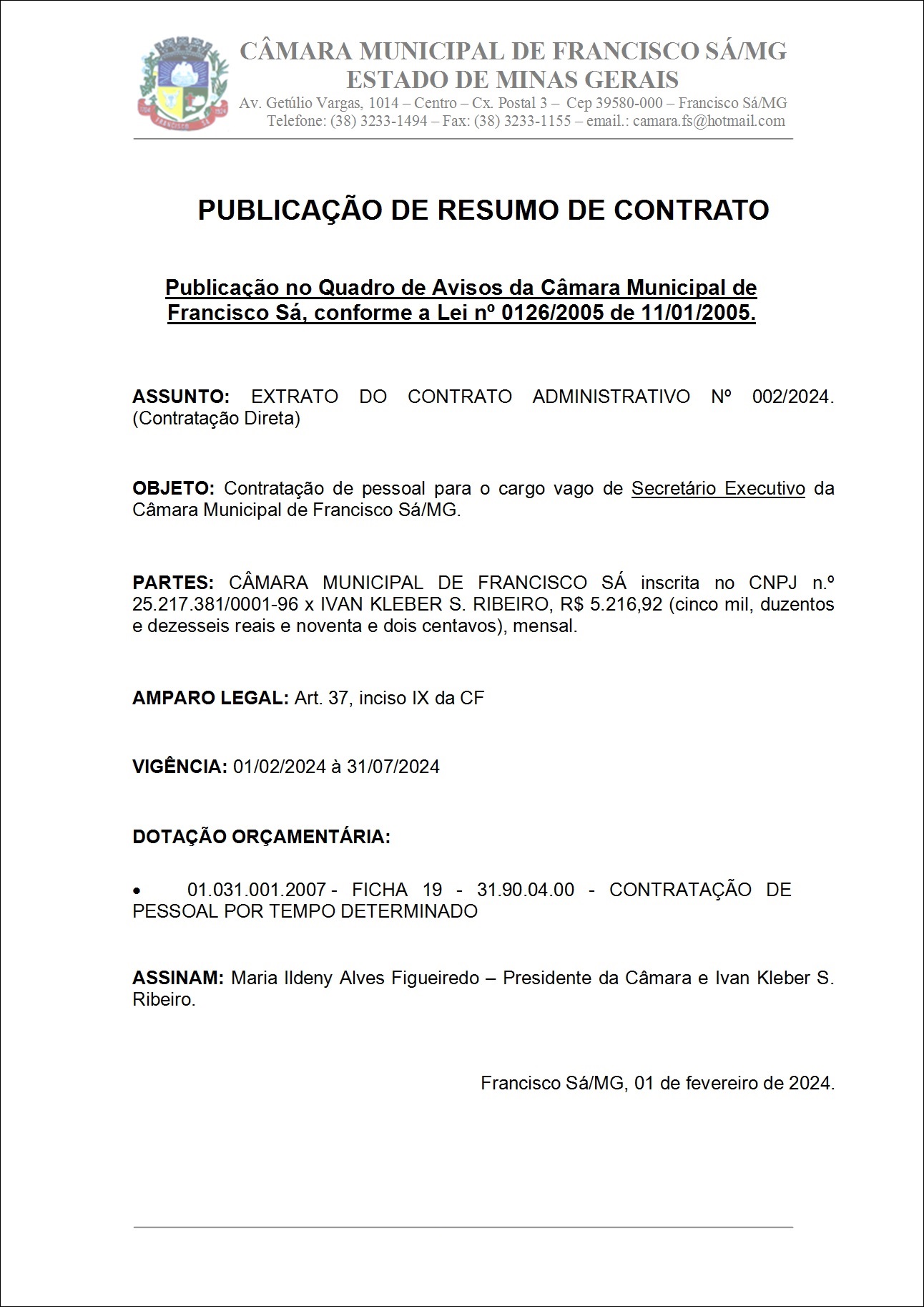 Extrato CTR ADM N.º 002/2024 (Contratação Direta – Secretário Executivo)