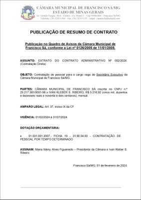 Extrato CTR ADM N.º 002/2024 (Contratação Direta - Secretário Executivo)