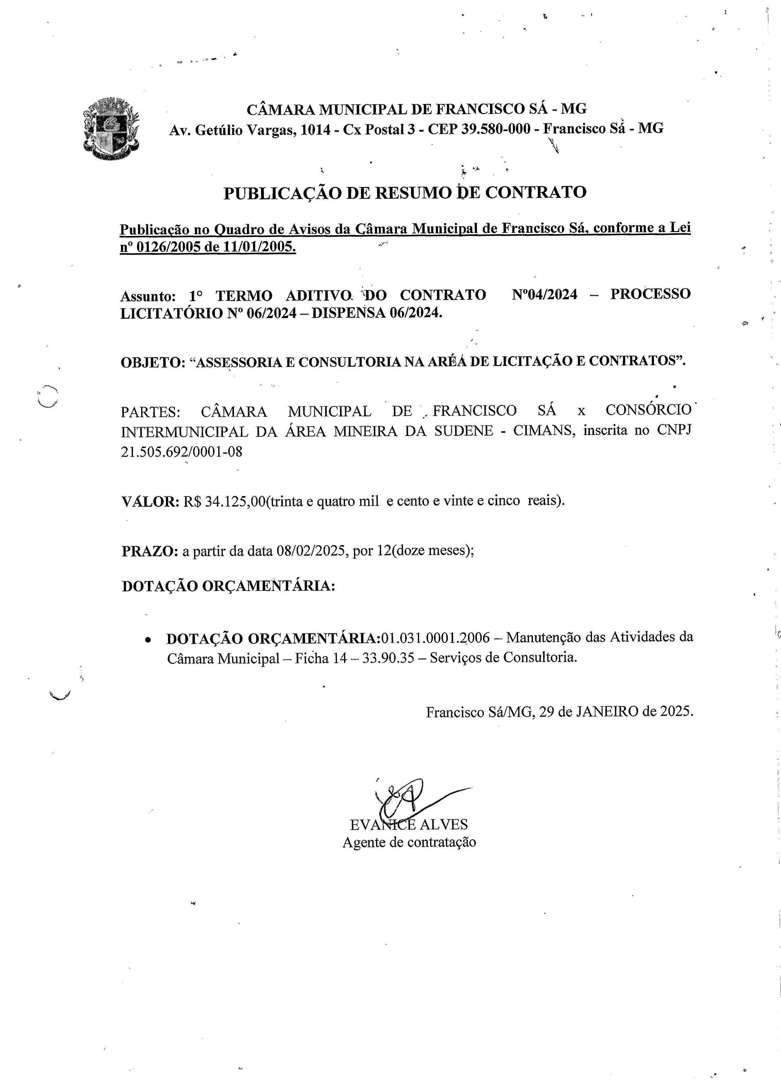 Extrato ADT N.º 001 CTR N.º 004/2024 (PL 006/2024 Disp. 006/2024 - Assessoria em Licitações)