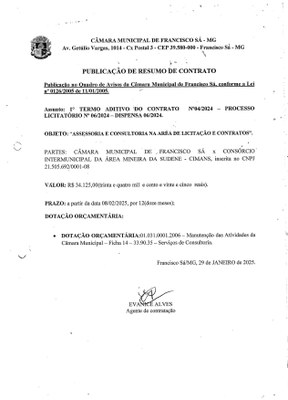Extrato ADT N.º 001 CTR N.º 004/2024 (PL 006/2024 Disp. 006/2024 - Assessoria em Licitações)