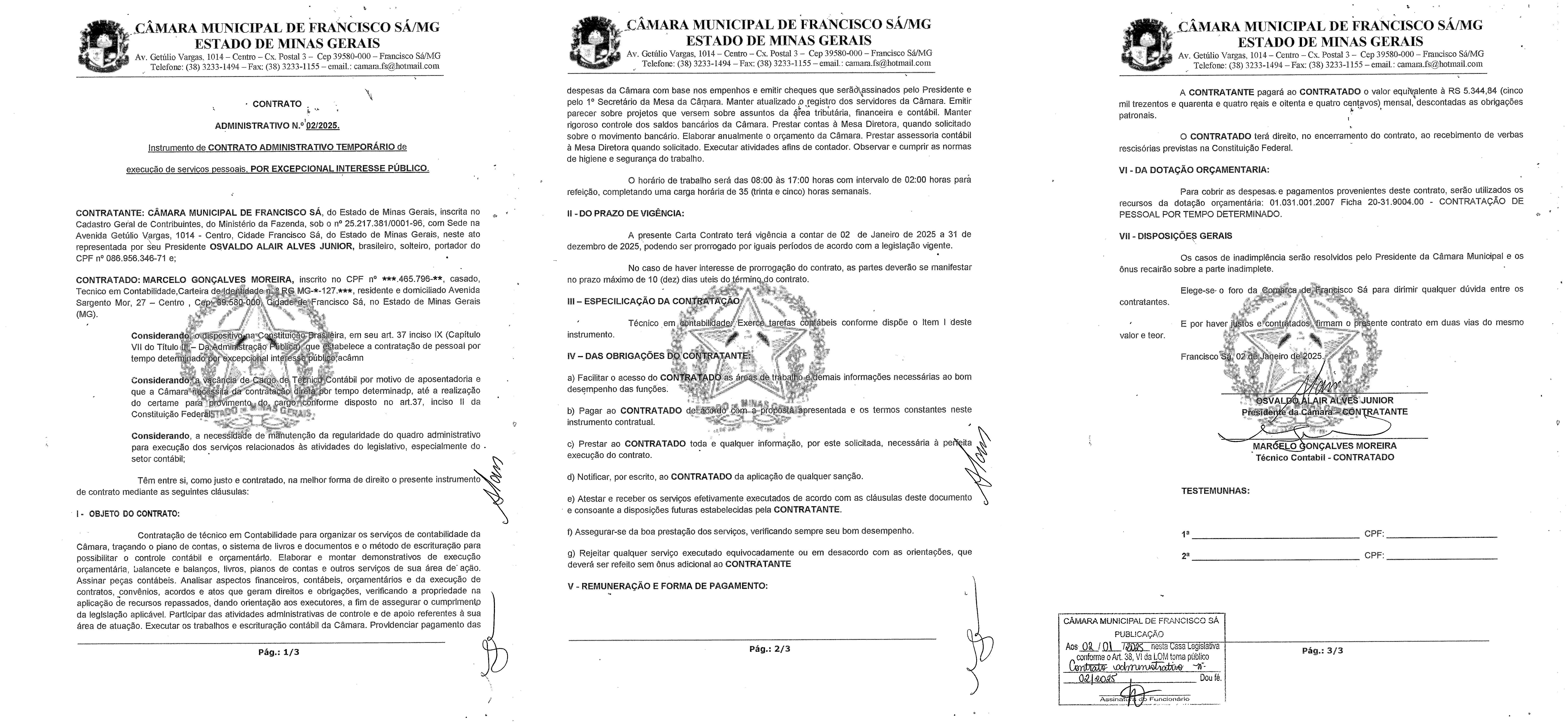 Extrato CTR ADM N.º 002/2025 (Contratação Direta - Técnico em Contabilidade)